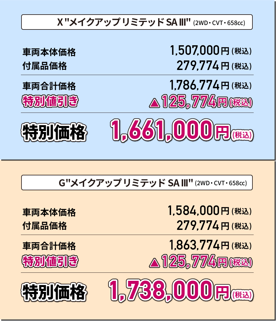 X "メイクアップ リミテッド SA III"(2WD・CVT・658cc) 特別価格1,661,000円(税込) G"メイクアップ リミテッド SA III"(2WD・CVT・658cc) 特別価格1,738,000円(税込)